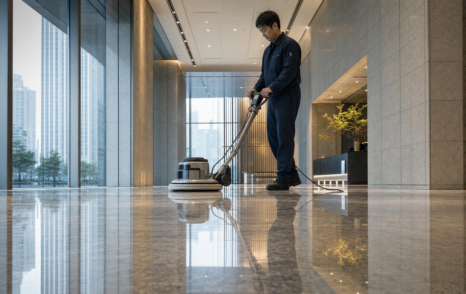 オフィスビルロビーで床バフ機を操作するカワクボ美装の職人
