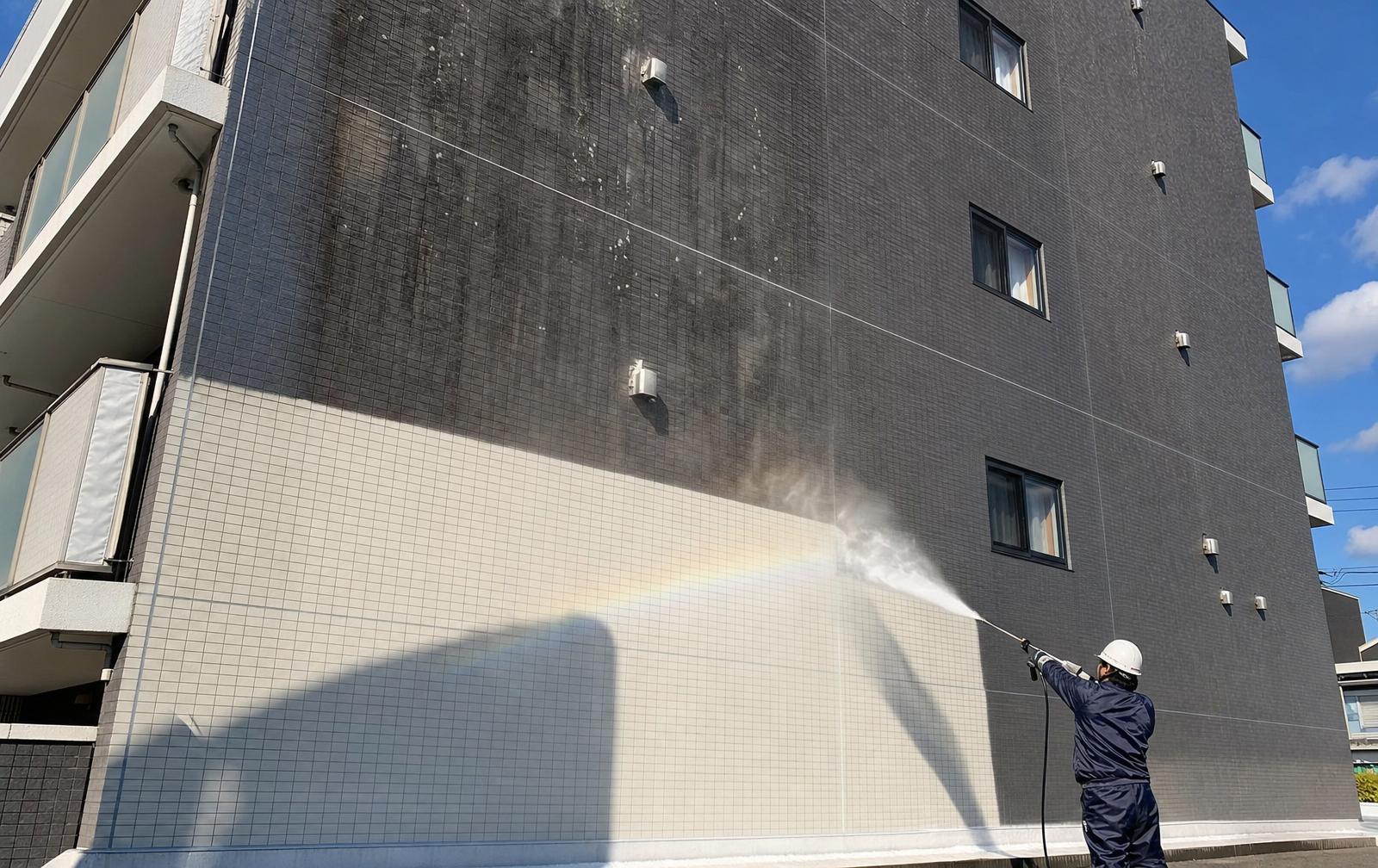 マンション外壁の高圧洗浄で汚れと洗浄済みのコントラストが明確